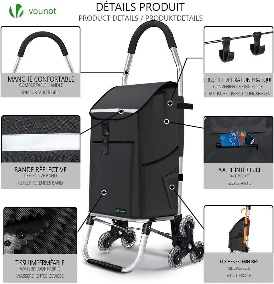 58L Folding 6-Wheel Shopping Trolley Black Stair Climbing Cart
