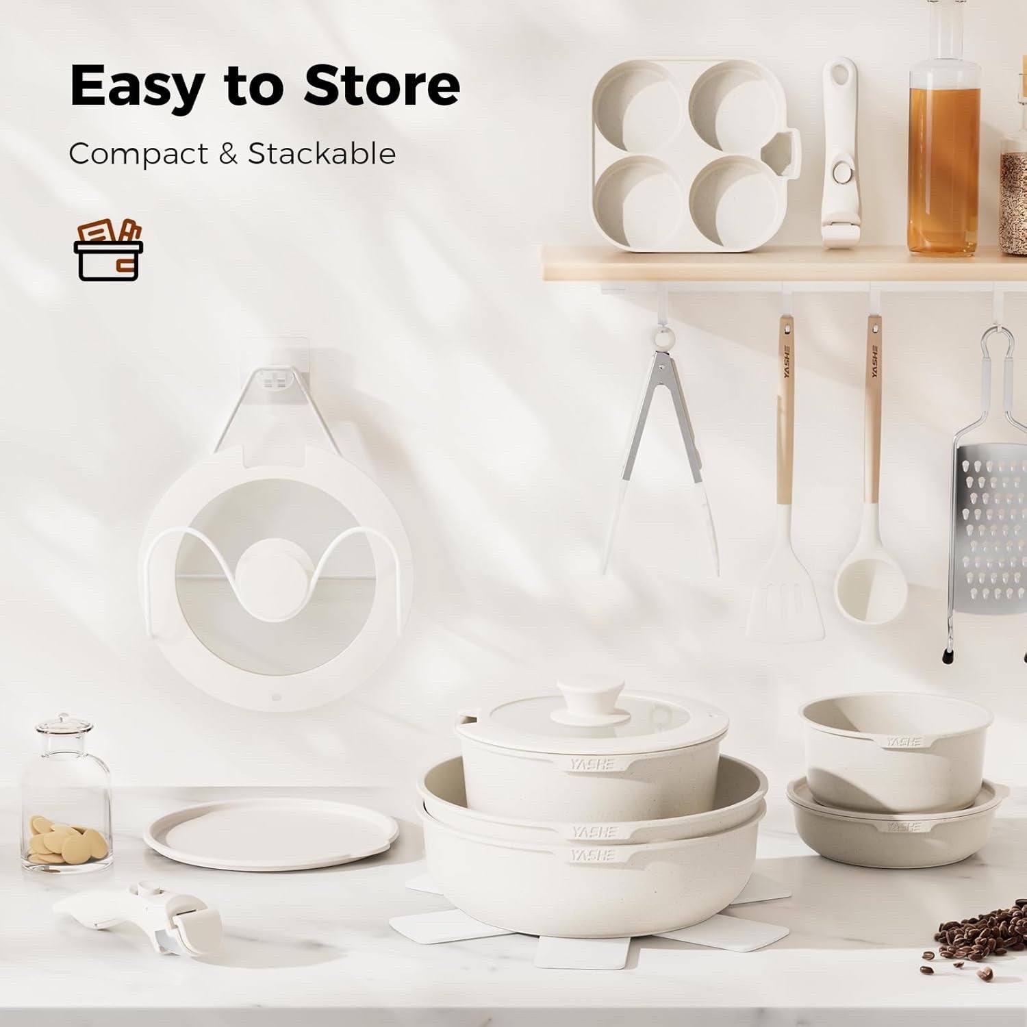 20Pcs White Granite Non-Stick Cookware Set with Removable Handles & Glass Lids