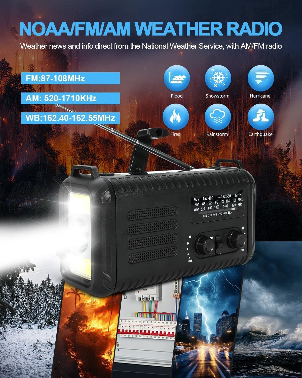 Wind Up Black Solar Emergency Radio with 20000mAh Battery, AM/FM & Flashlight