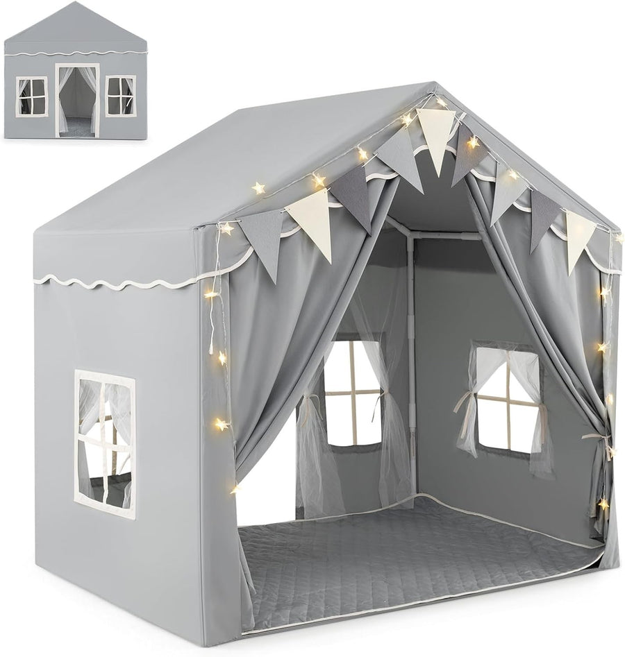 Grey Kids Castle Playhouse Tent Indoor Outdoor w Lights Mat Windows