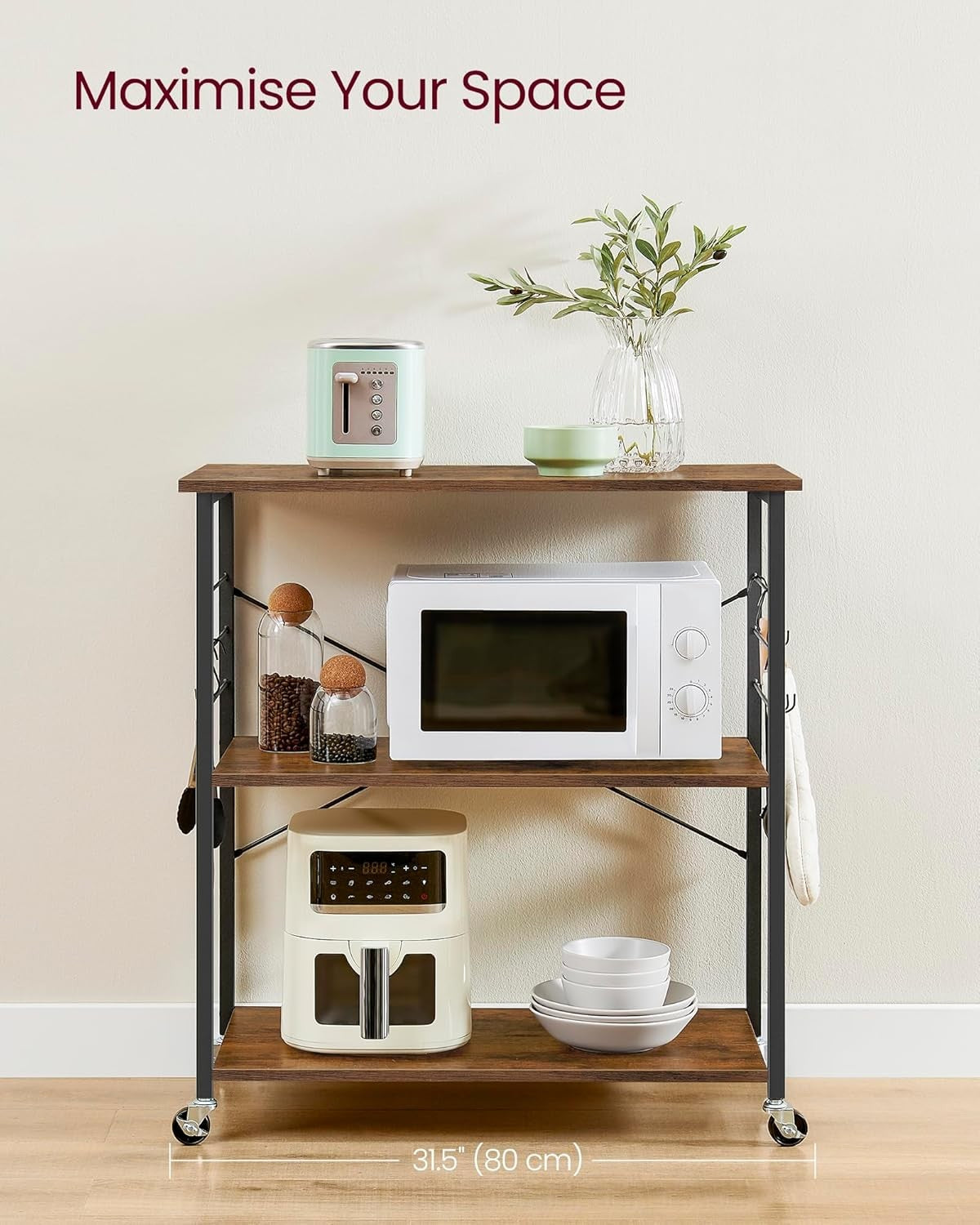 Kitchen Trolley on Wheels 3 Tier Microwave Shelf Rustic Rolling Storage Cart