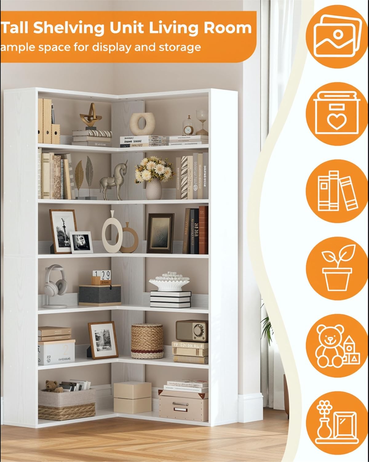 Tall White Corner Shelf Unit 6 Tier L-Shaped Bookcase Display Storage Rack