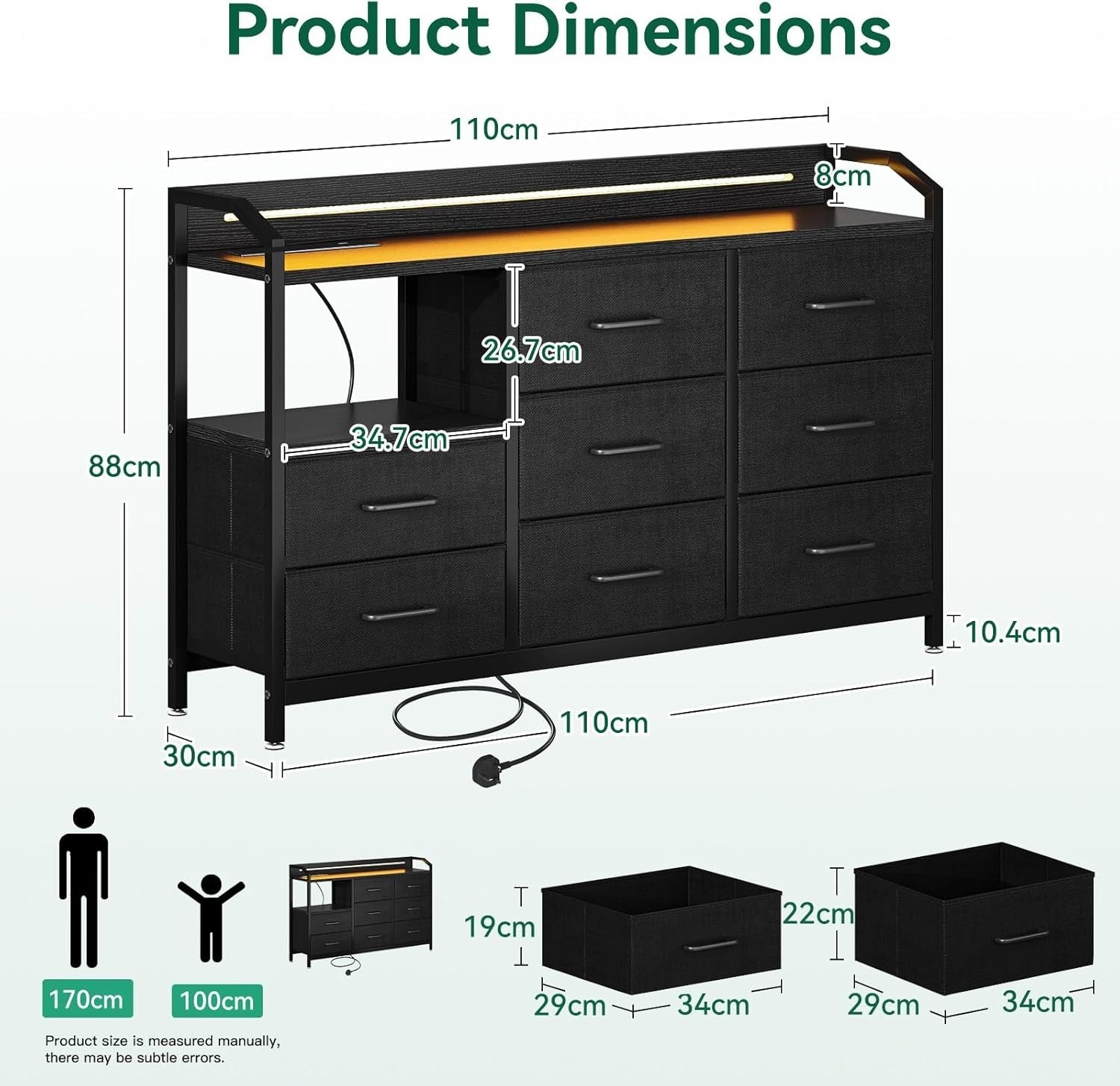 Black 8-Drawer Chest with LED Lights USB AC Outlets Fabric Storage Cabinet