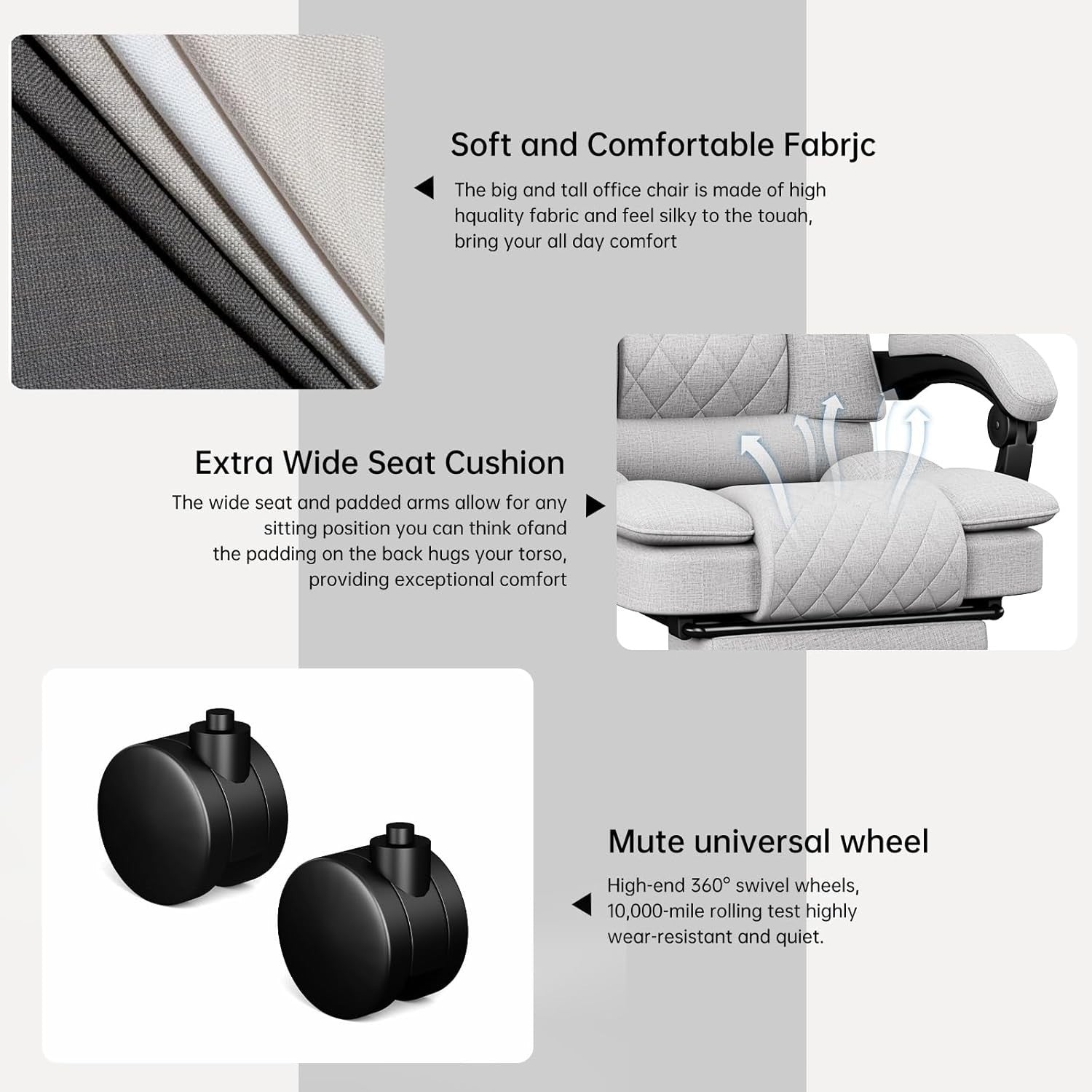 Ergonomic Office Chair Recliner w/ Footrest Wide Seat Memory Foam Light Grey