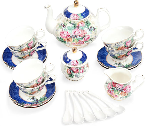 15 Piece Bone China Tea Set Floral Teapot Cups Saucers Vintage Afternoon Tea