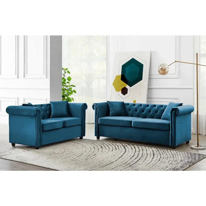 Velvet Chesterfield 2 Seater Sofa Blue | High Back Plush Armchair UK