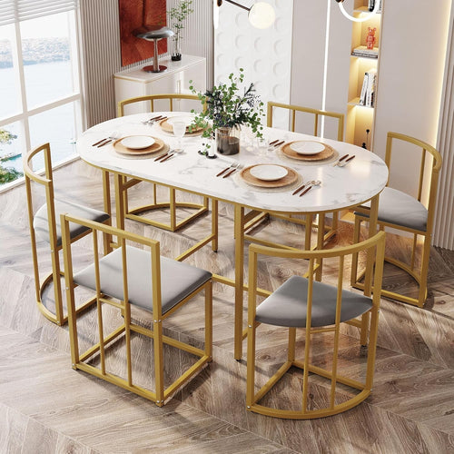Modern Gold Dining Table & Chairs Set with Storage | 6-Seater, Cushioned Seats