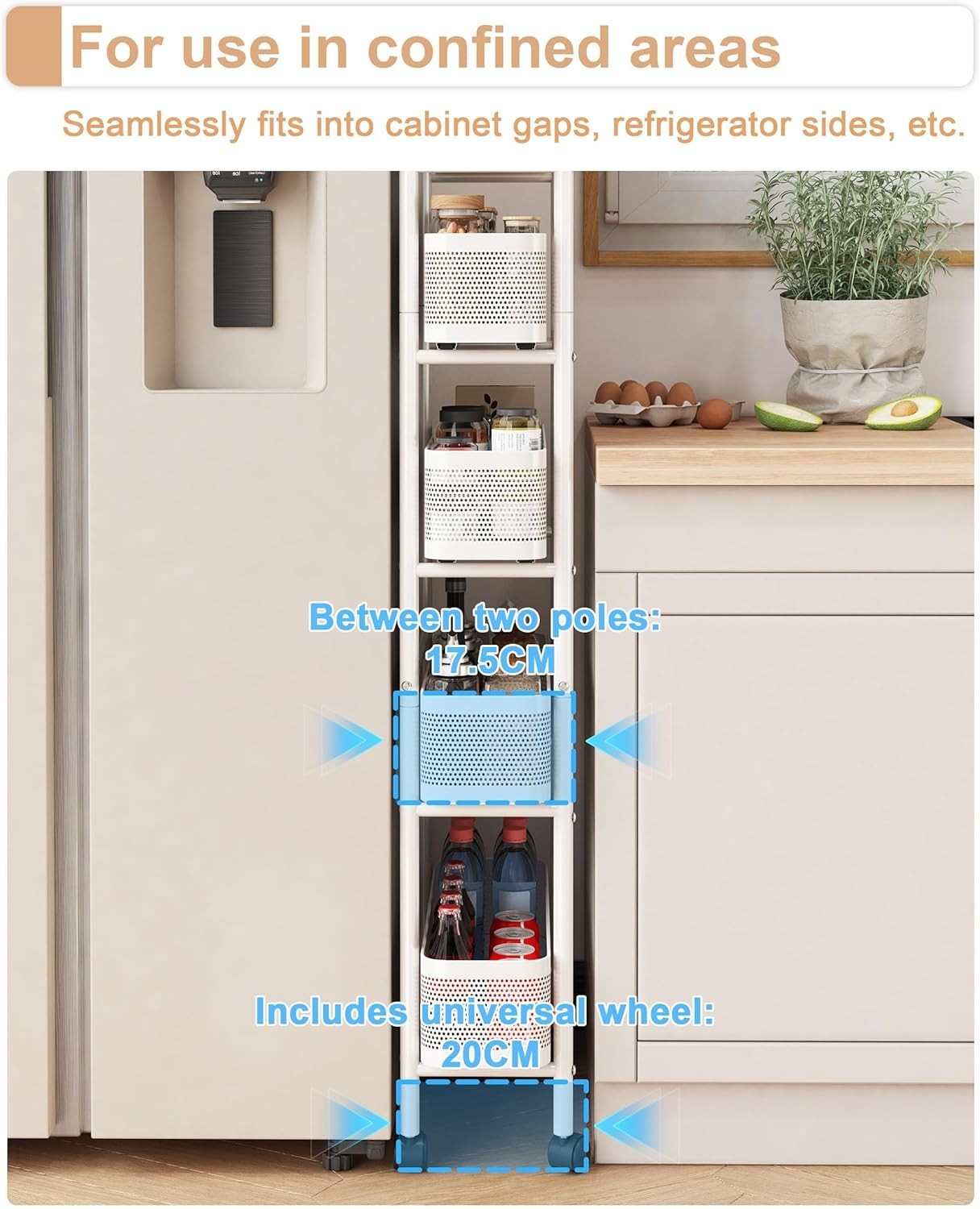 Slim 5 Tier Kitchen Storage Trolley w/ Pull Out Baskets
