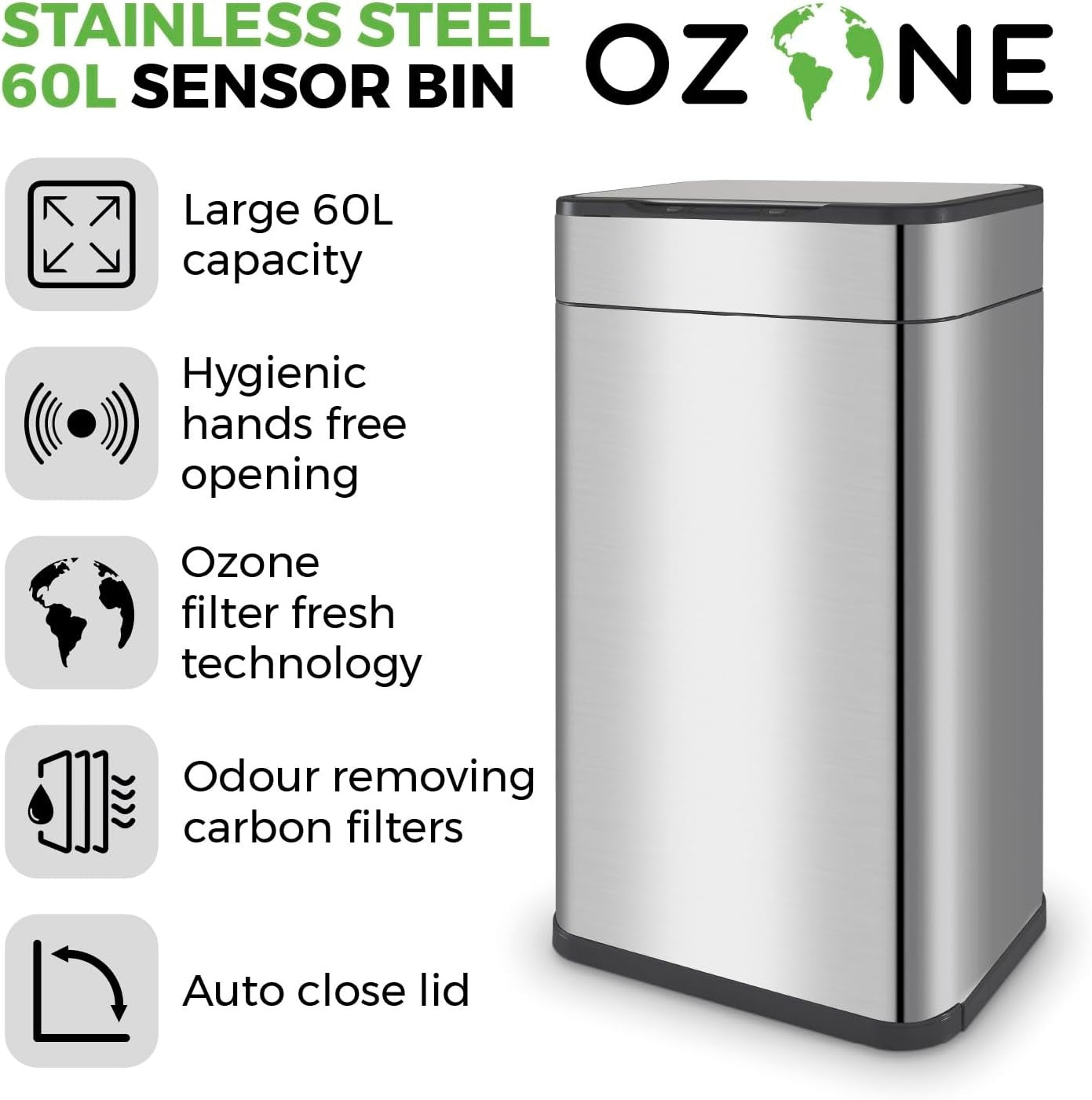 60L Touchless Kitchen Bin | Automatic Sensor Trash Can Stainless Steel