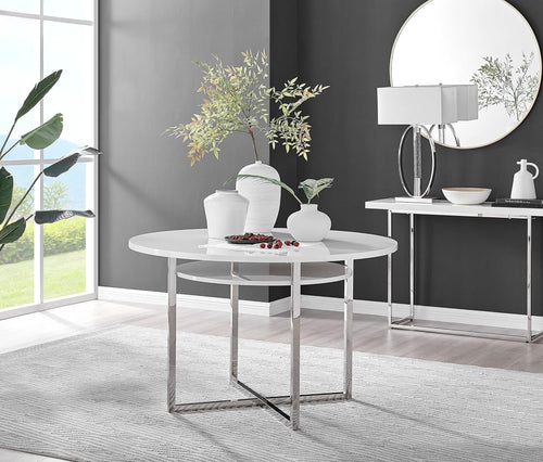 White Round Dining Table High Gloss Chrome Legs Shelf Storage 4 Seater