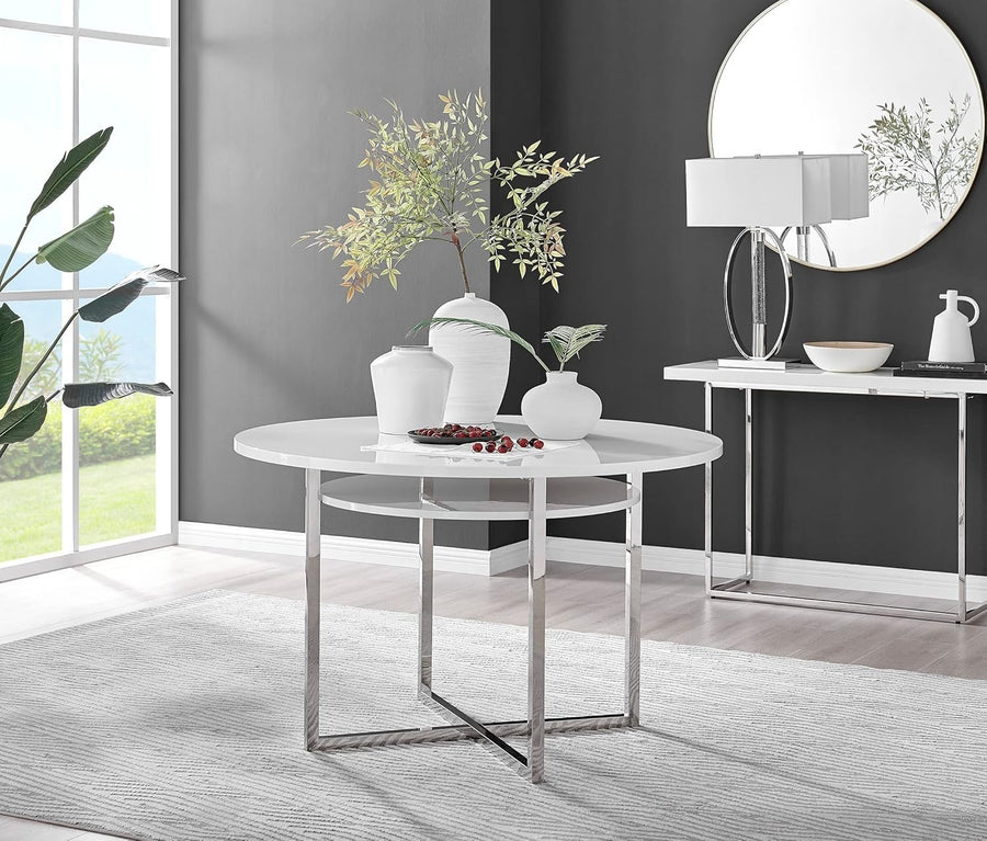 White Round Dining Table High Gloss Chrome Legs Shelf Storage 4 Seater