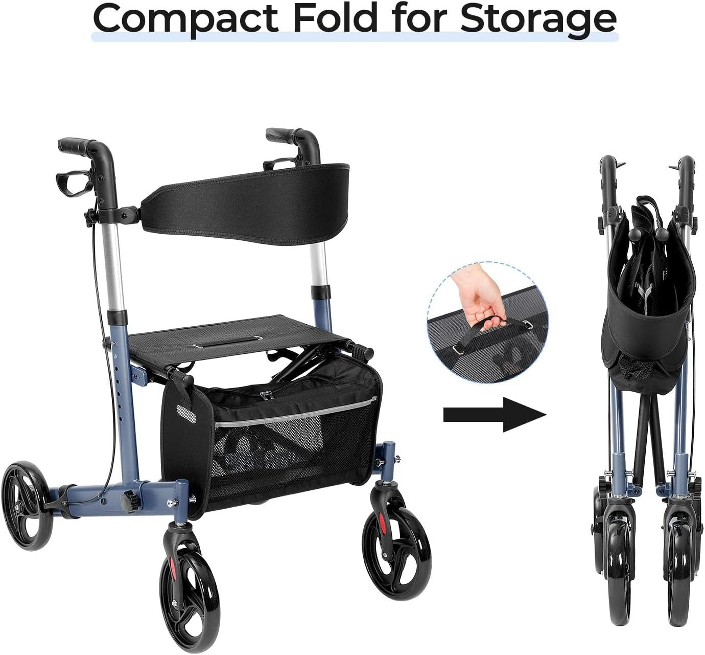 Lightweight Folding Rollator Walker 4 Wheels Seat Adjustable Brakes 300lb