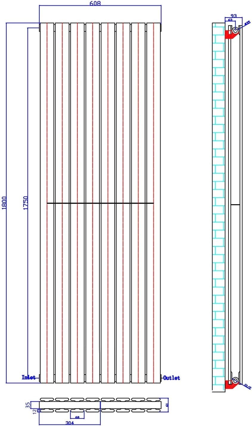 Vertical Column Designer Radiator White 1800x608mm Double Panel