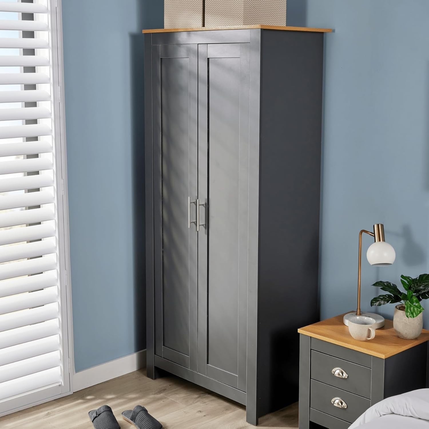 2 Door Dark Grey Wardrobe with Hanging Rail & Deep Storage Shelf