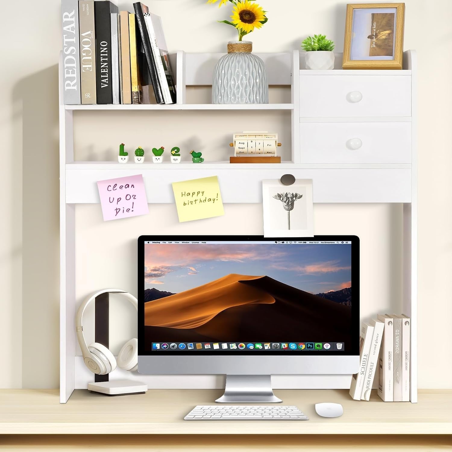 White 4-Tier Desktop Bookshelf Desk Hutch Organiser Space-Saving Storage Rack