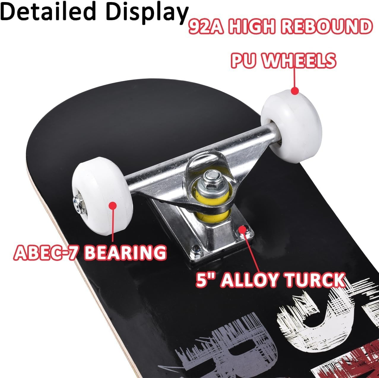 31in Beginner Skateboard Double Kick Maple Deck All Black Kids Adults + Tool