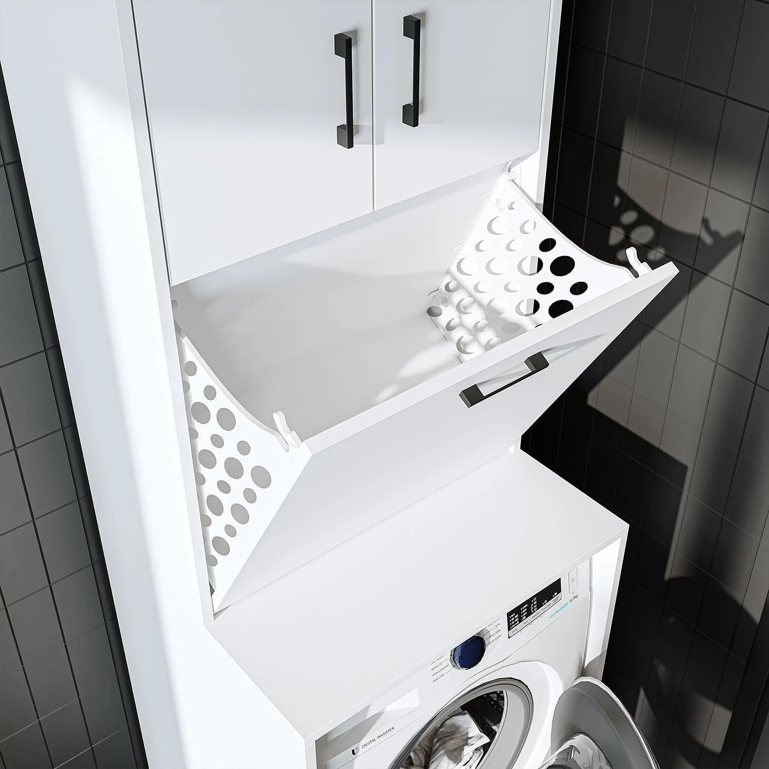White Washing Machine Cabinet with Cupboards & Built-In Laundry Basket 180cm