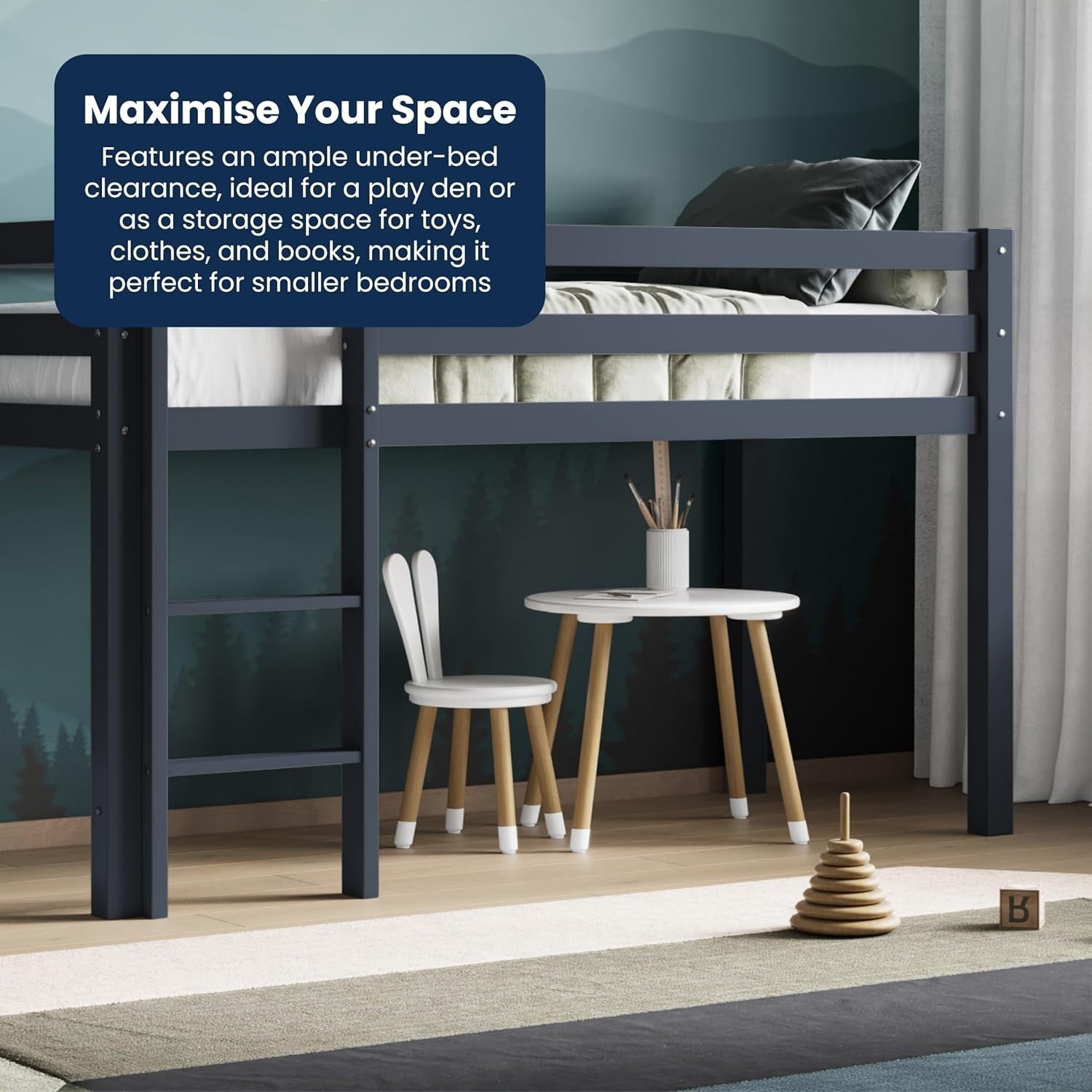 Flair Grey Mid Sleeper Cabin Bed for Kids with Storage, Compact Pine Frame