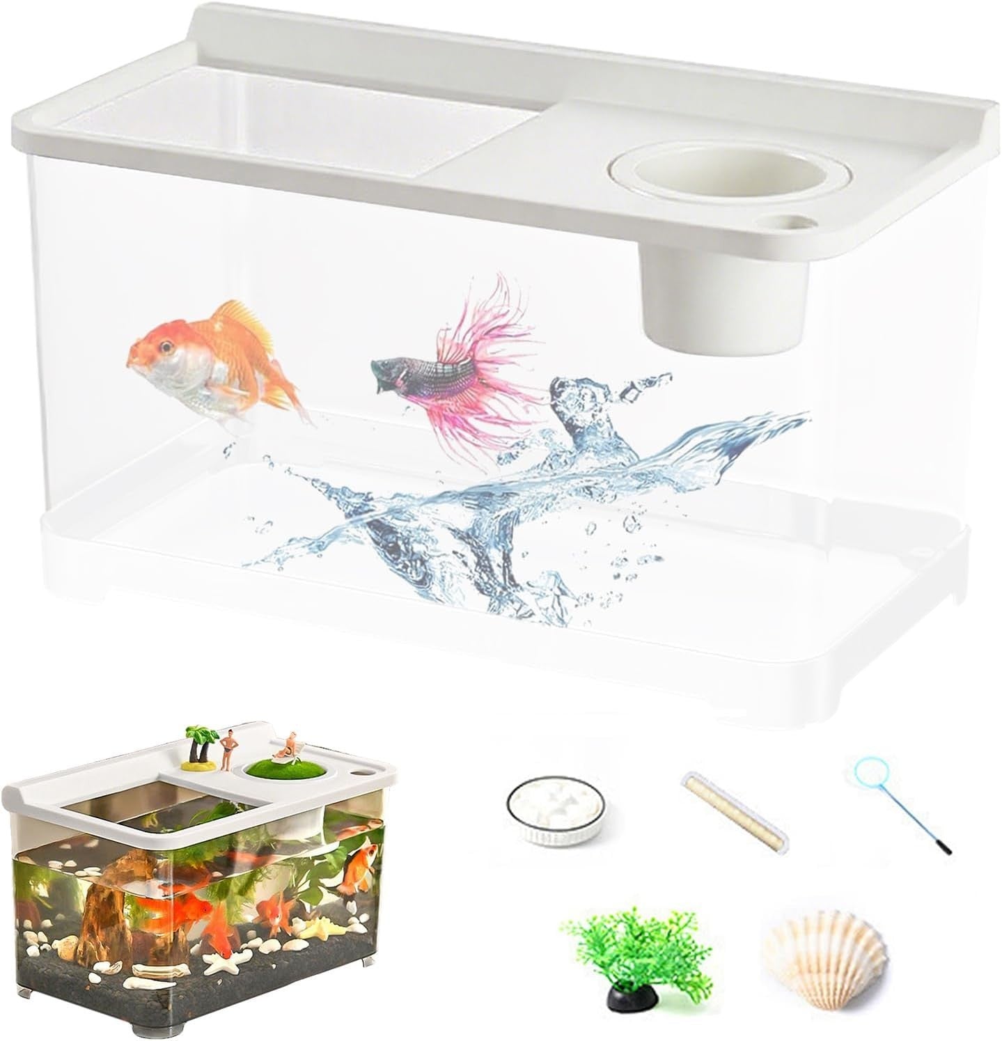 Betta Fish Tank 360° Clear Tri-Color LED Desktop Aquarium