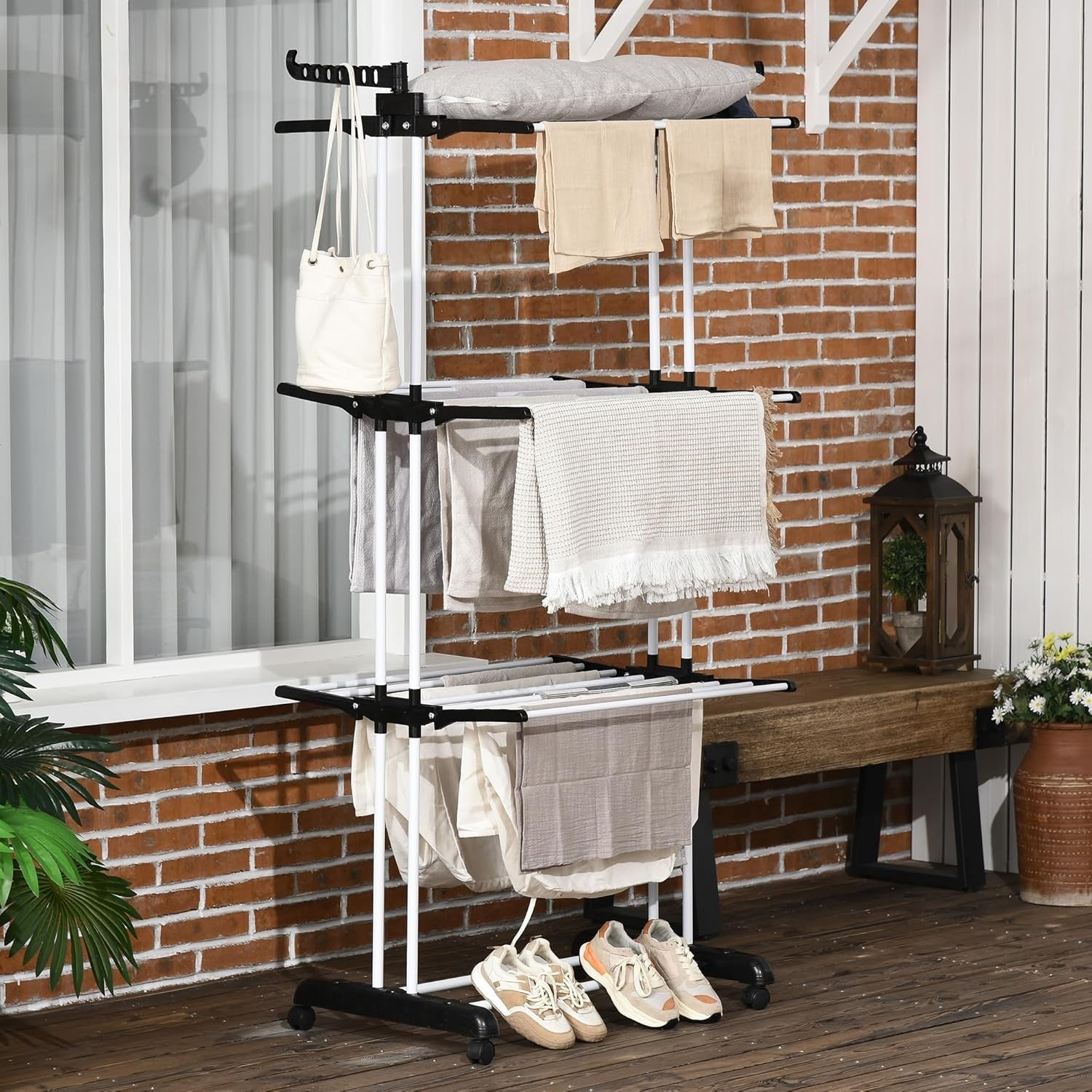 4 Tier Clothes Airer Folding Laundry Drying Rack With Wings Wheels Steel