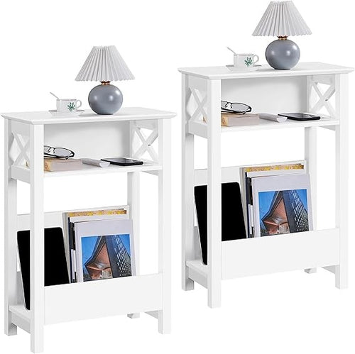 Slim Bedside Tables Set of 2 | 3-Tier Narrow Side Tables with Shelf Storage