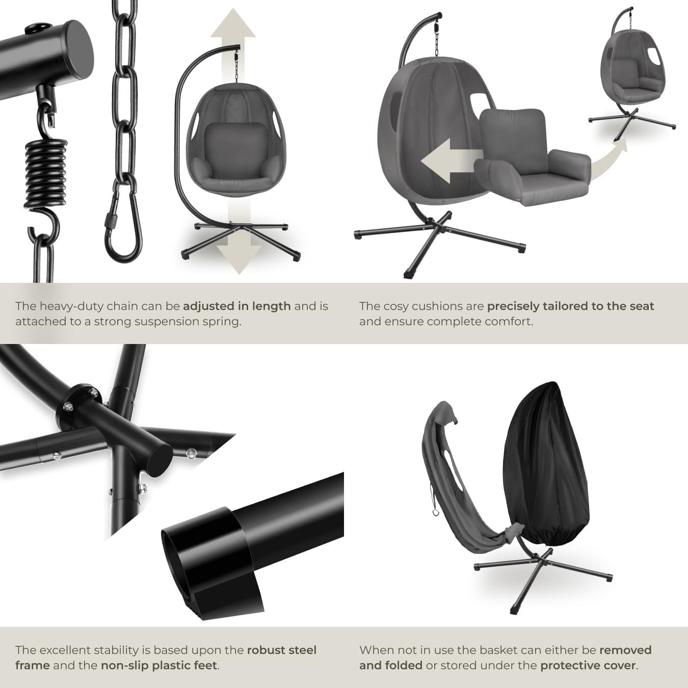 Swivel Hanging Egg Chair with Stand & Comfy Cushion for Indoor Outdoor Use