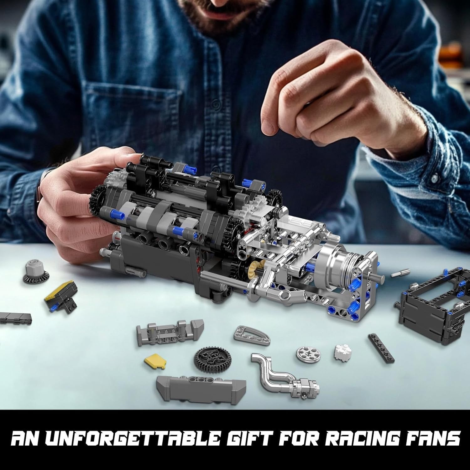 V8 Engine Model Kit Motorised STEM Toy 761pcs Runs with Battery & Motor