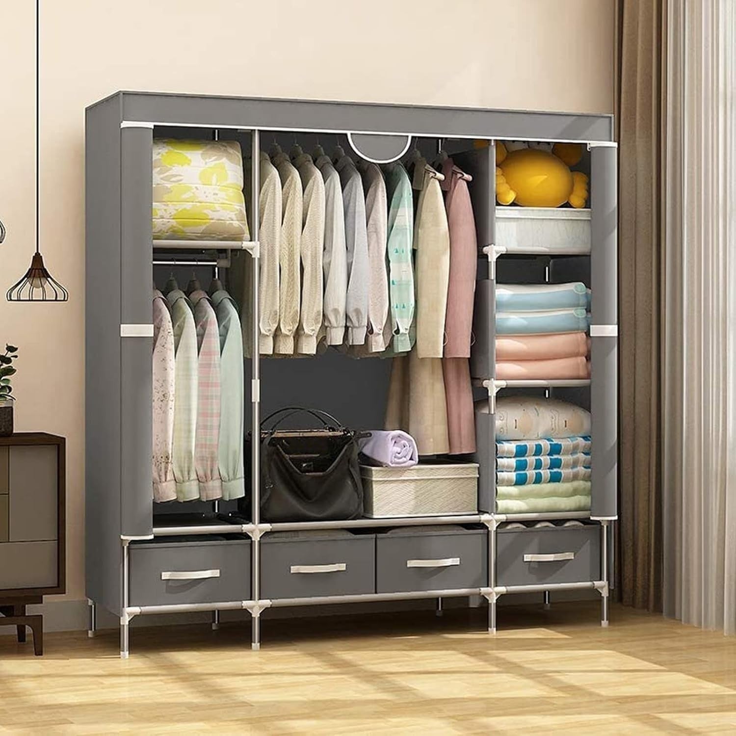 Canvas Wardrobe Storage with Hanging Rail & Shelves – Large, Durable, Dustproof