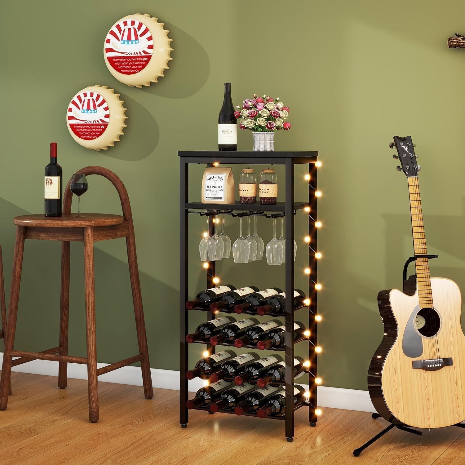 Freestanding Wine Rack 16 Bottle Storage with Hanging Glass Holder Black Shelf