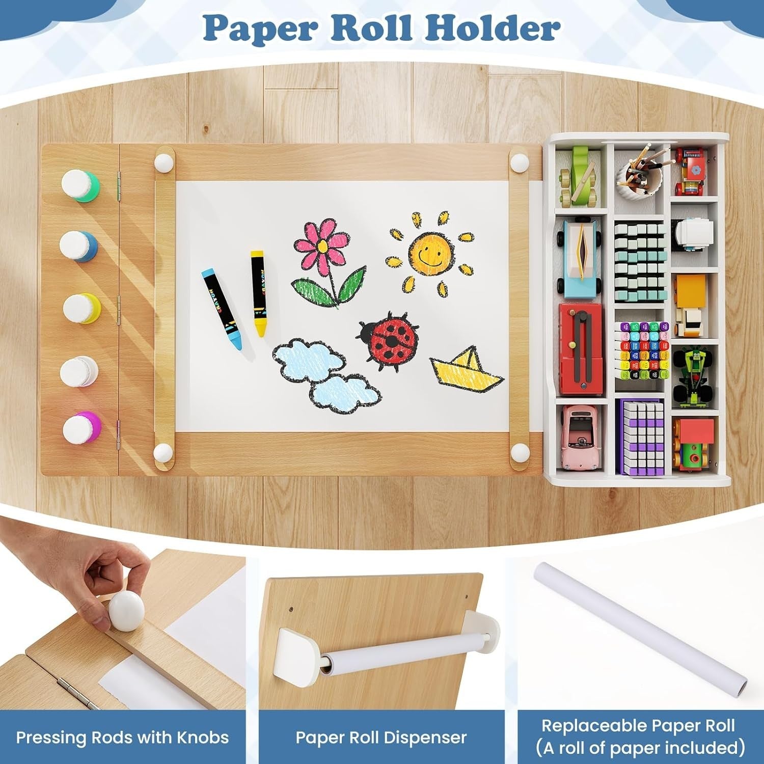 Kids Wooden Art Table and Chairs Set w/ Flip Top Easel Paper Roll Storage White
