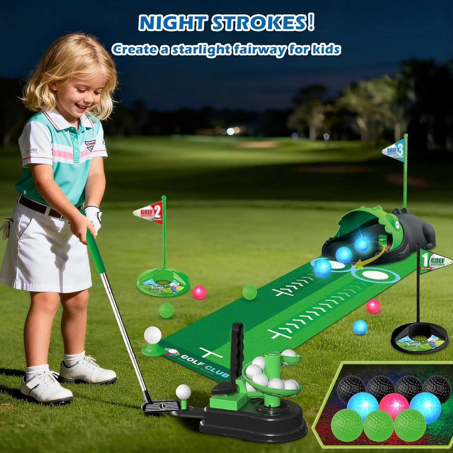 Kids Golf Toy Set 3in1 Indoor Outdoor Practice Game Auto Ball Return