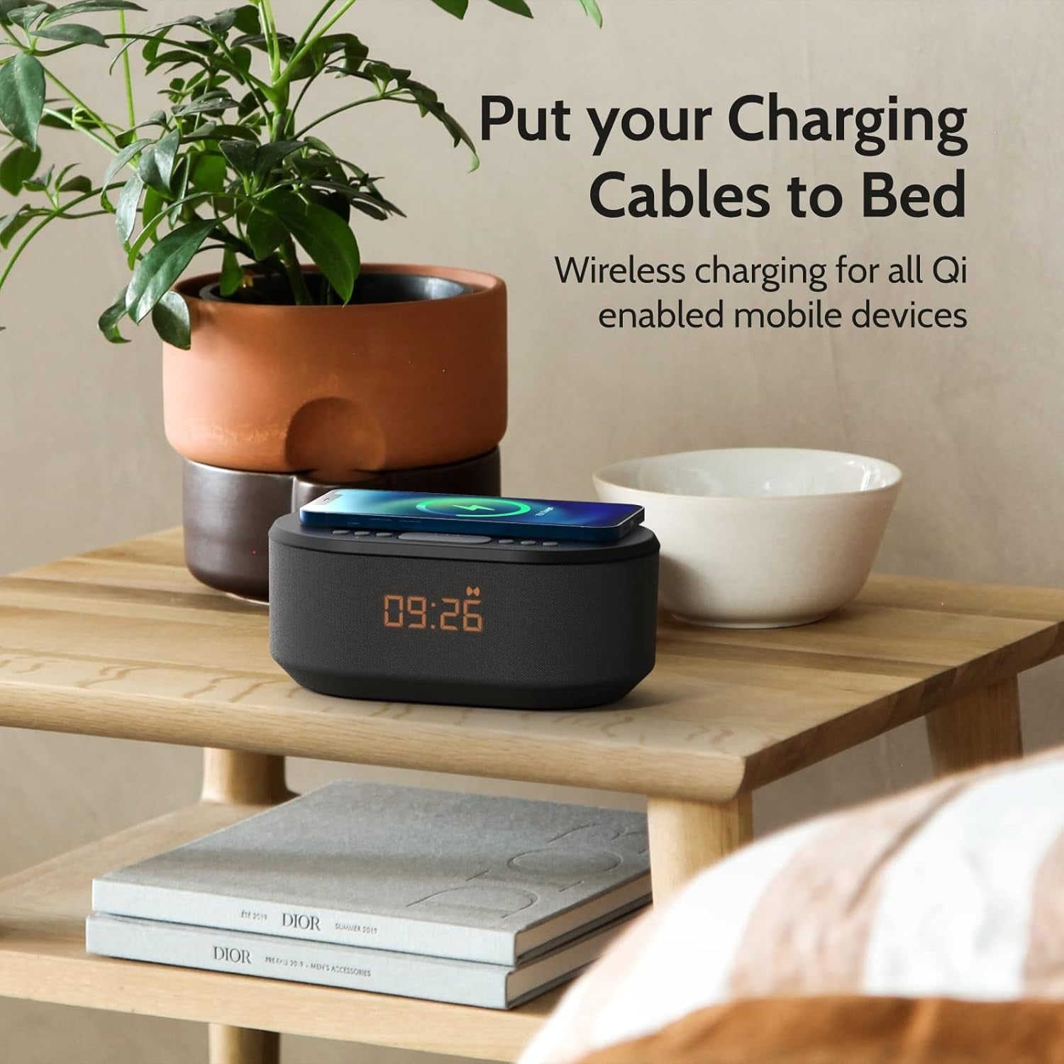 Bedside Alarm Clock Wireless Charger Bluetooth Speaker Radio Dimmable