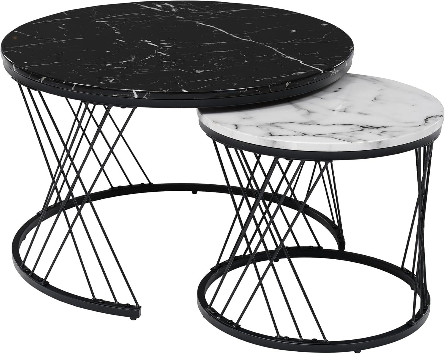 Space Saving Nesting Coffee Table Set Marble Look 2-in-1 Side End Tables