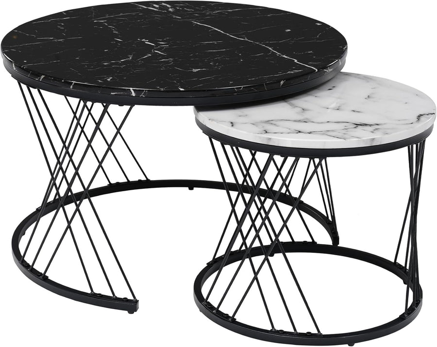 Space Saving Nesting Coffee Table Set Marble Look 2-in-1 Side End Tables