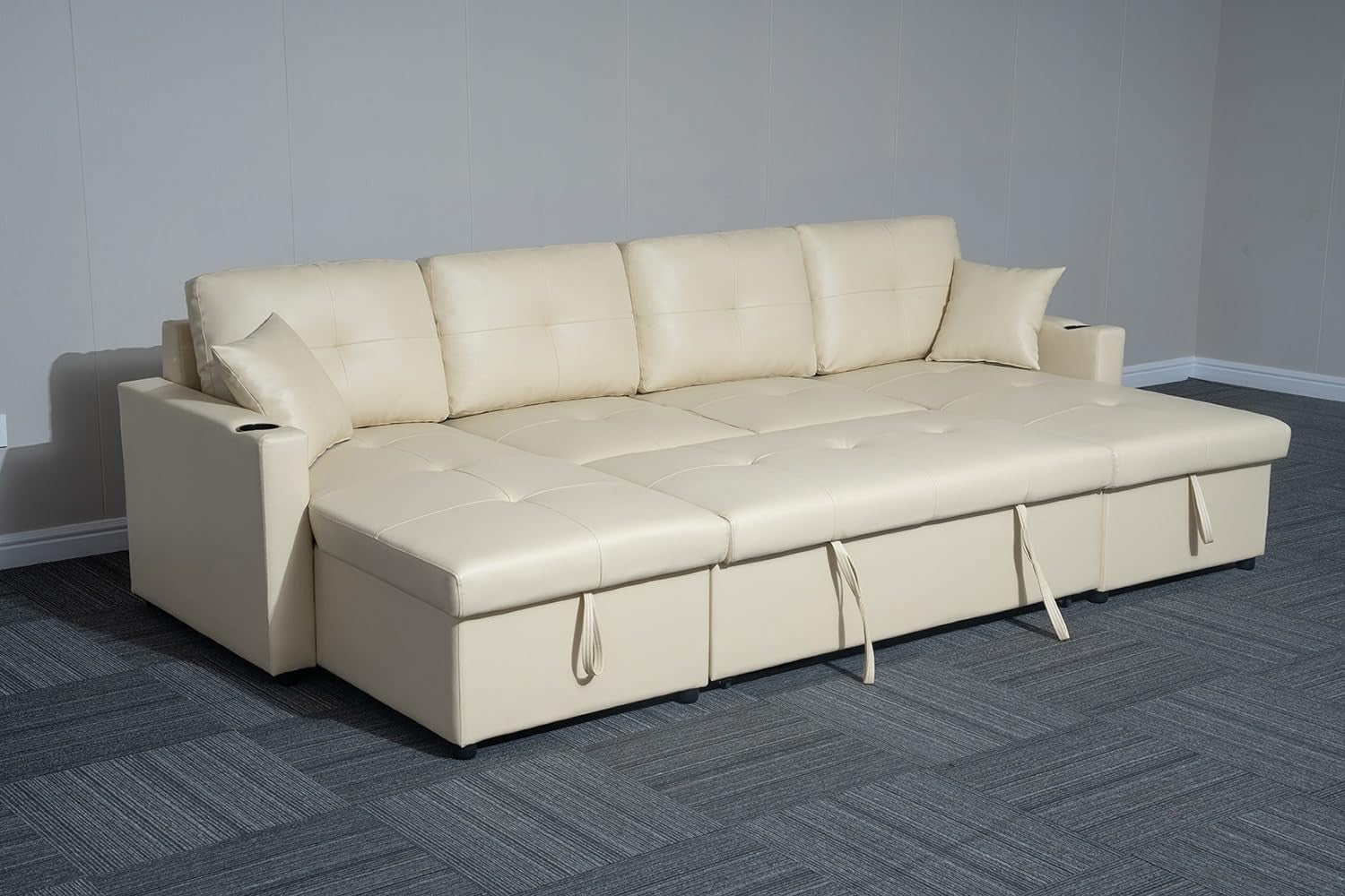 Cream U-Shaped 4 Seater Sofa Bed with Storage Ottoman & Pull-Out Sofa