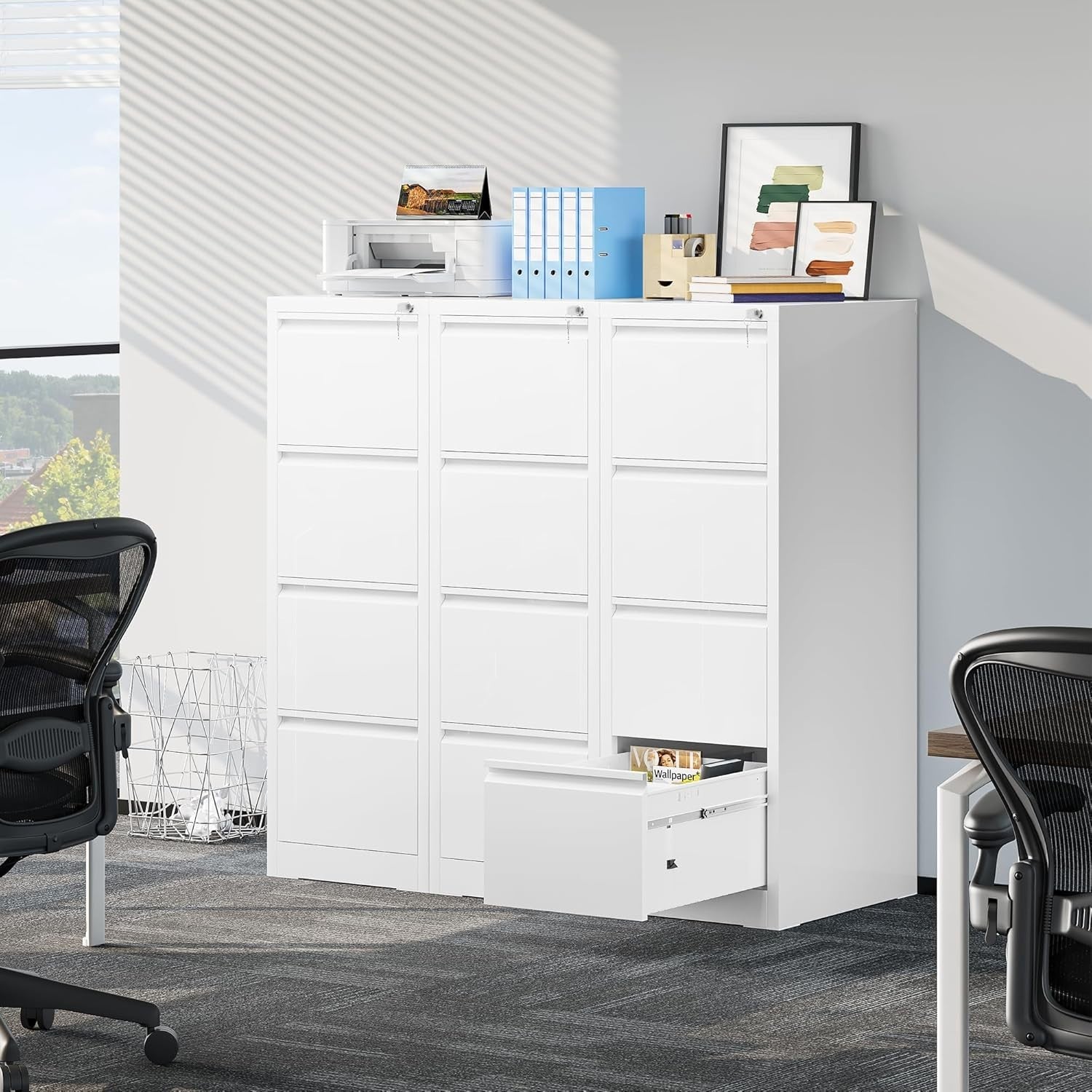 White 4 Drawer Lockable File Cabinet 62x45x133cm Rolling Steel