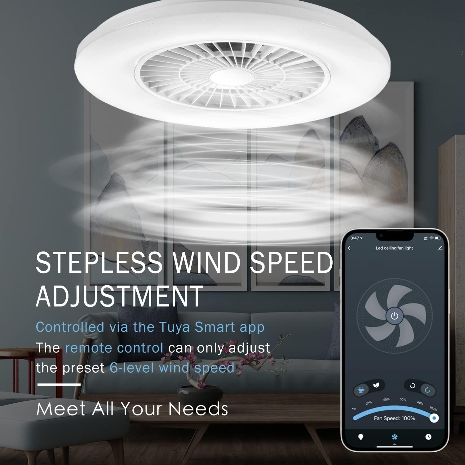 Smart LED Ceiling Fan Light, Stepless Speed & Dimming 3000-5500K, 60CM White
