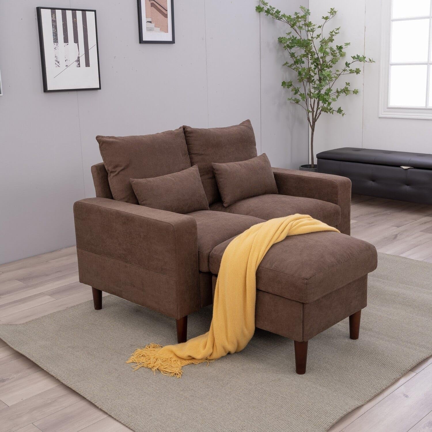 2 Seater Sofa Brown with Footstool Linen Fabric Small Couch + 2 Cushions