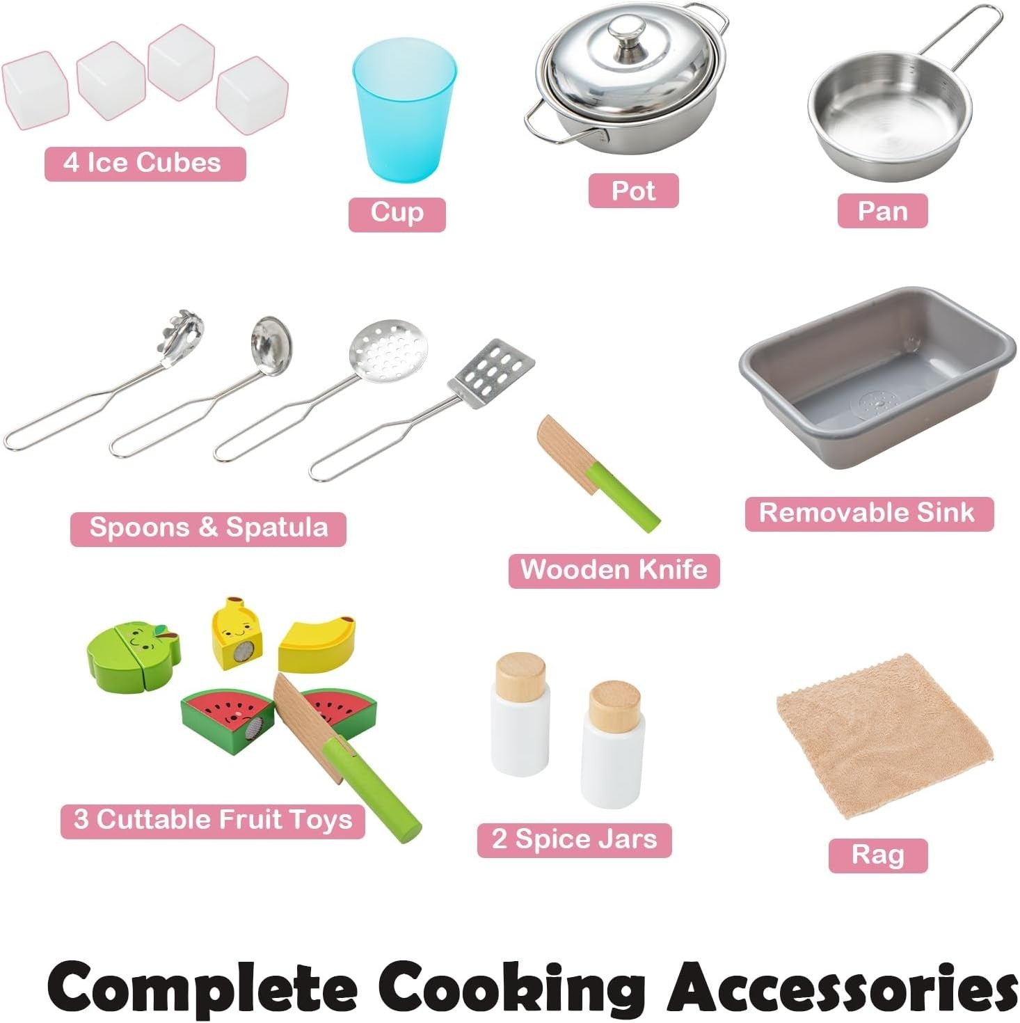 Wooden Kids Play Kitchen Pink Ice Maker Sound Cooking Toy Set
