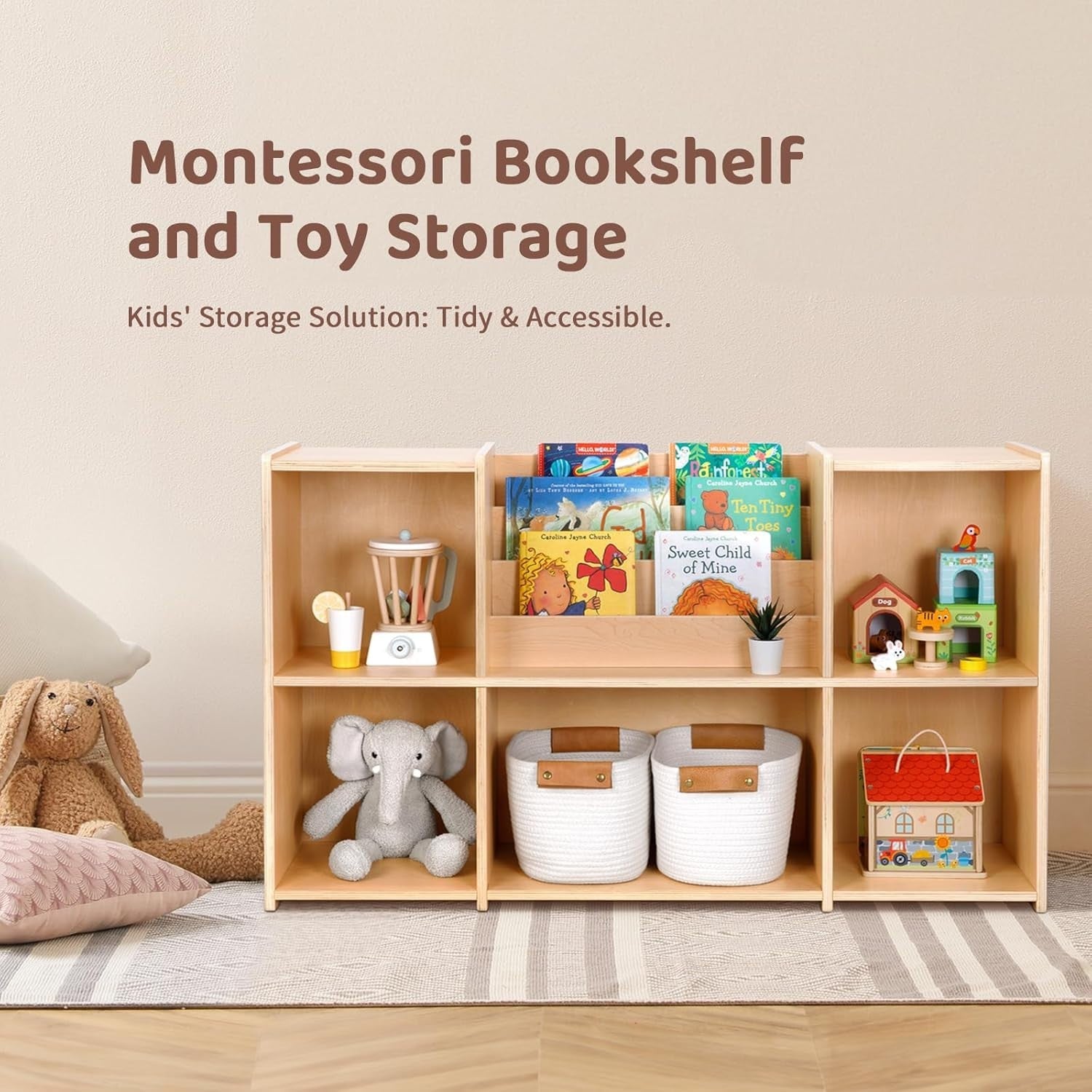 Kids Bookshelf & Toy Storage Organizer Montessori 2-Tier 5-Compartment Unit