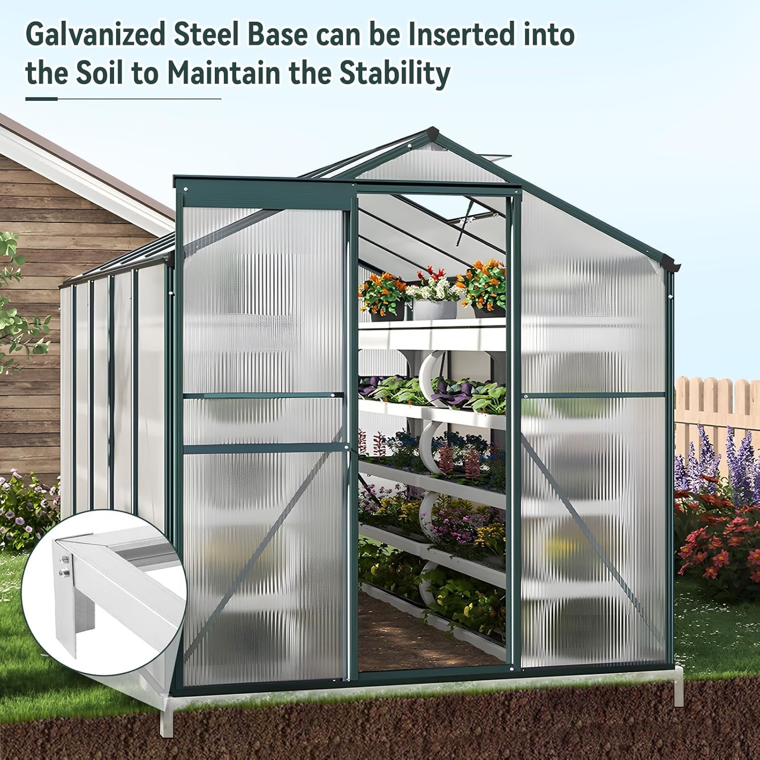 8x6FT Walk-In Polycarbonate Greenhouse with Base – Aluminium Frame, UV Resistant