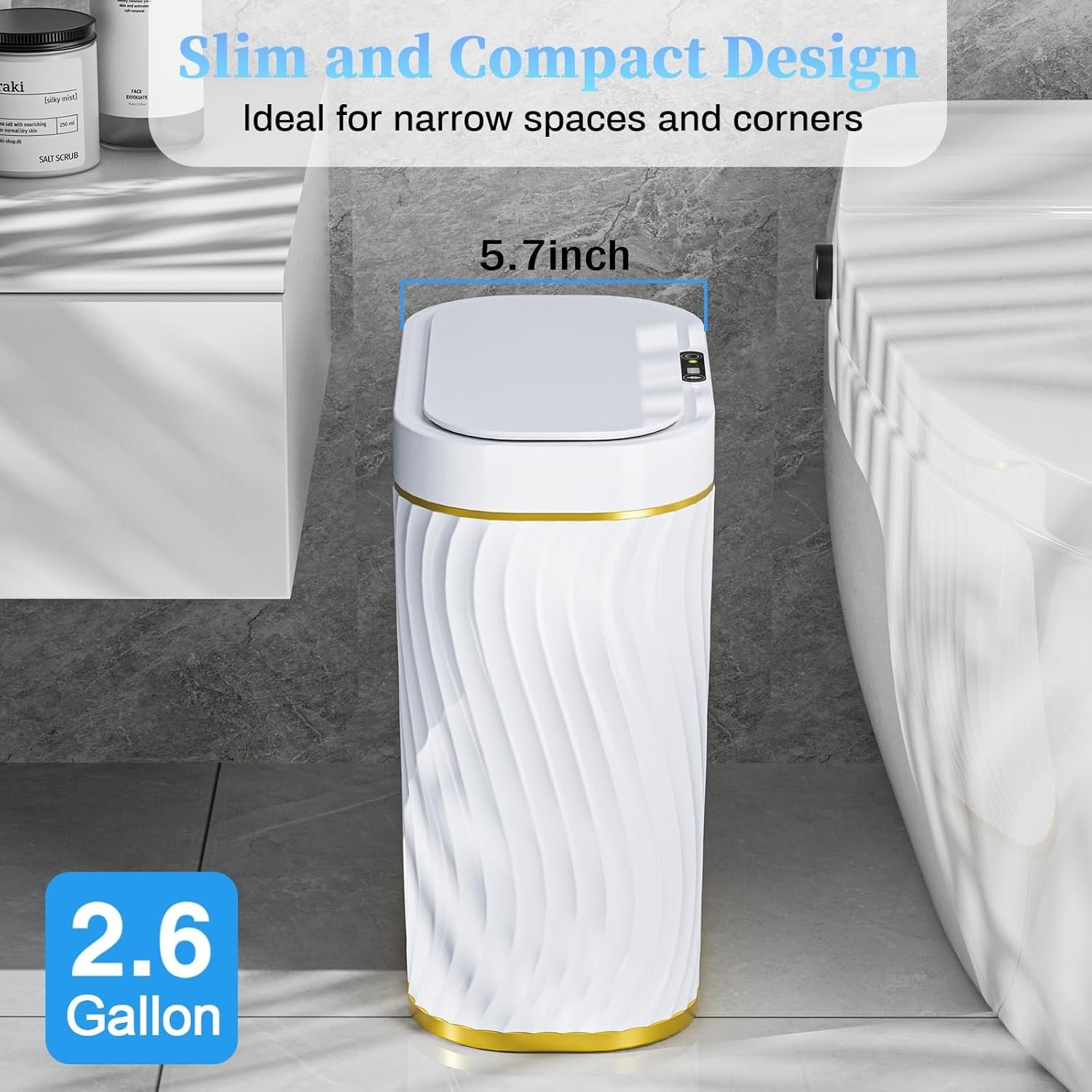 Automatic Touchless Bathroom Bin 2.6 Gallon Motion Sensor Slim White