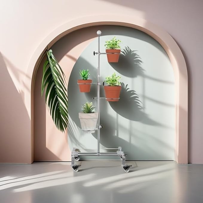 Metal Plant Stand with Wheels 4 Pot Clips Adjustable Tall Indoor Flower Rack