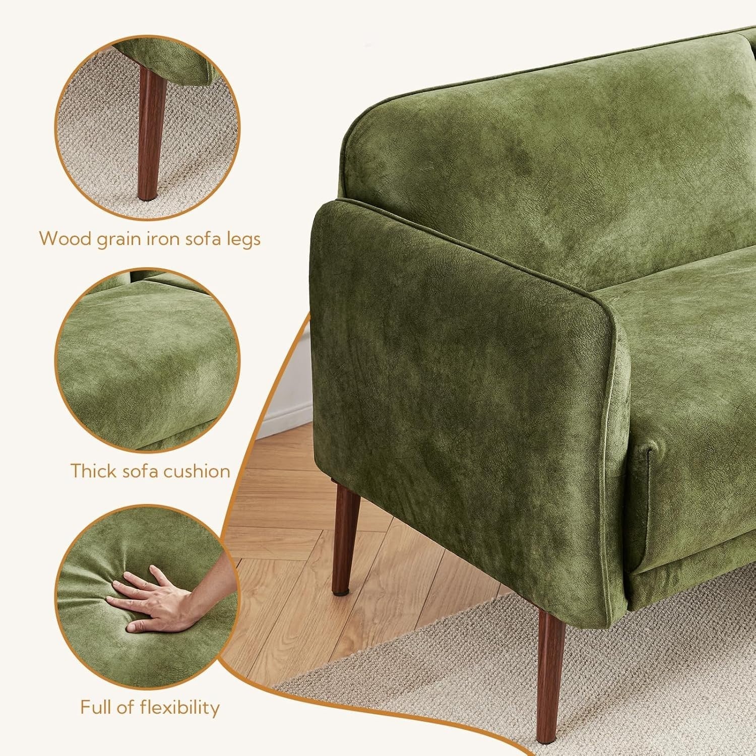 Velvet Loveseat Sofa 2-3 Seater Green Modern Couch for Lounge or Office