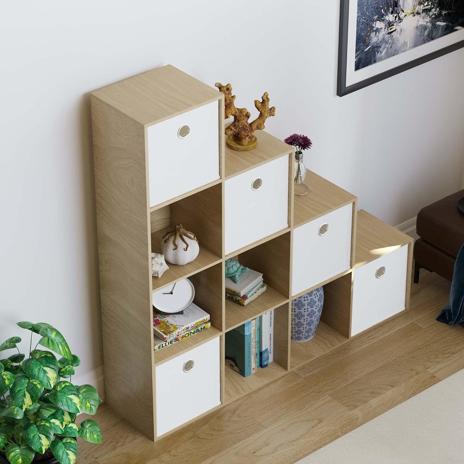 Oak 10 Cube Staircase Bookcase with 5 White Baskets Modern Storage Unit