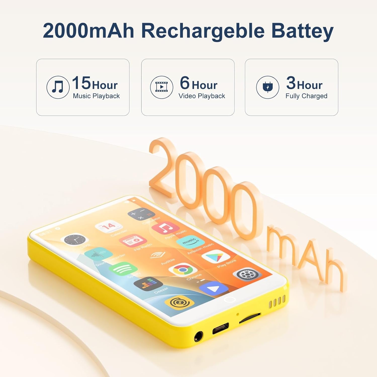 80GB MP3 Player Bluetooth WiFi 4" Touch Screen FM Speaker Yellow