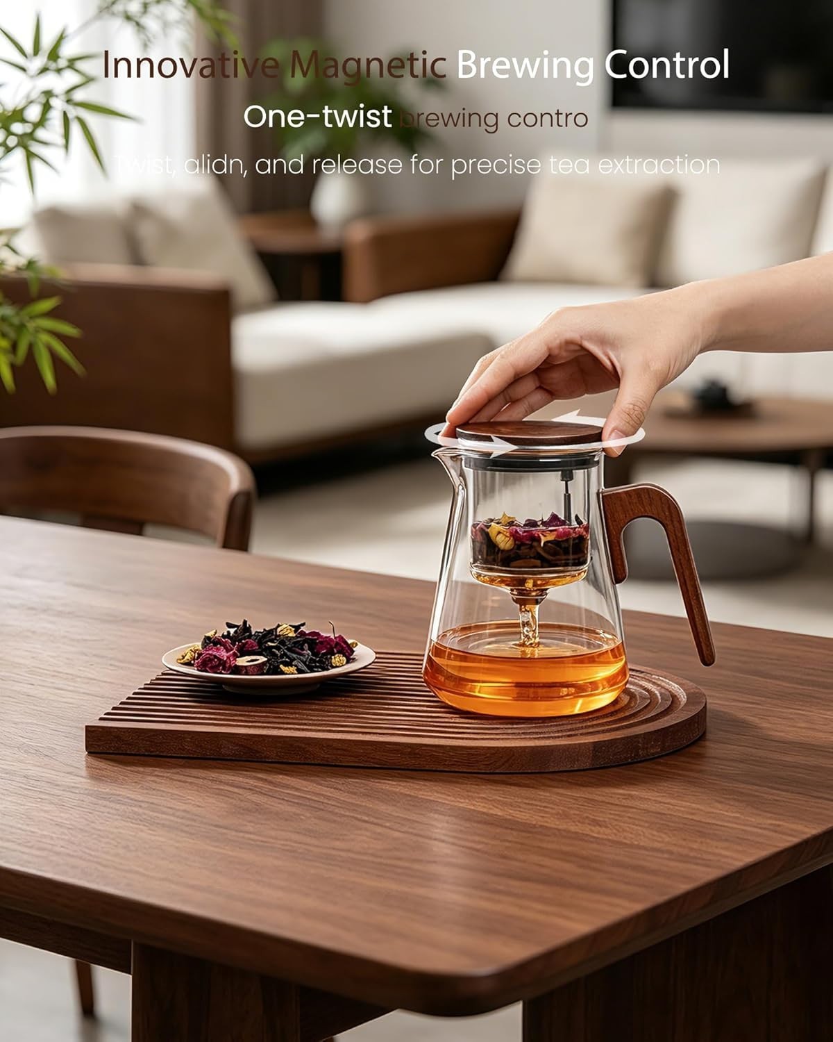Magnetic Glass Teapot 800ml Tea Pot w Infuser Walnut Handle Lid