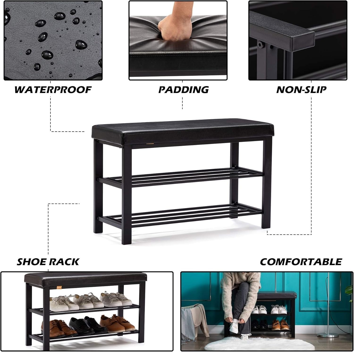 Black Faux Leather Shoe Storage Bench – 3-Tier Industrial Entryway Seat