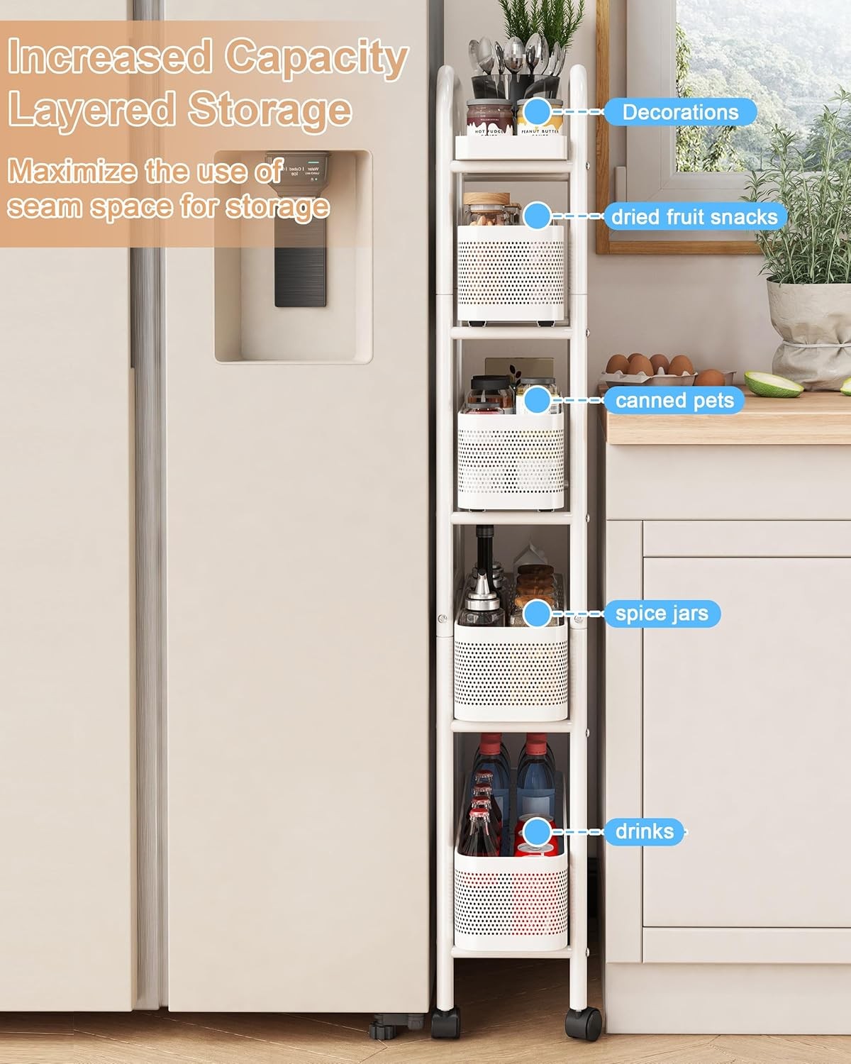 Slim Kitchen Storage Trolley 5 Tier Pull Out Baskets Narrow Cart Wheels