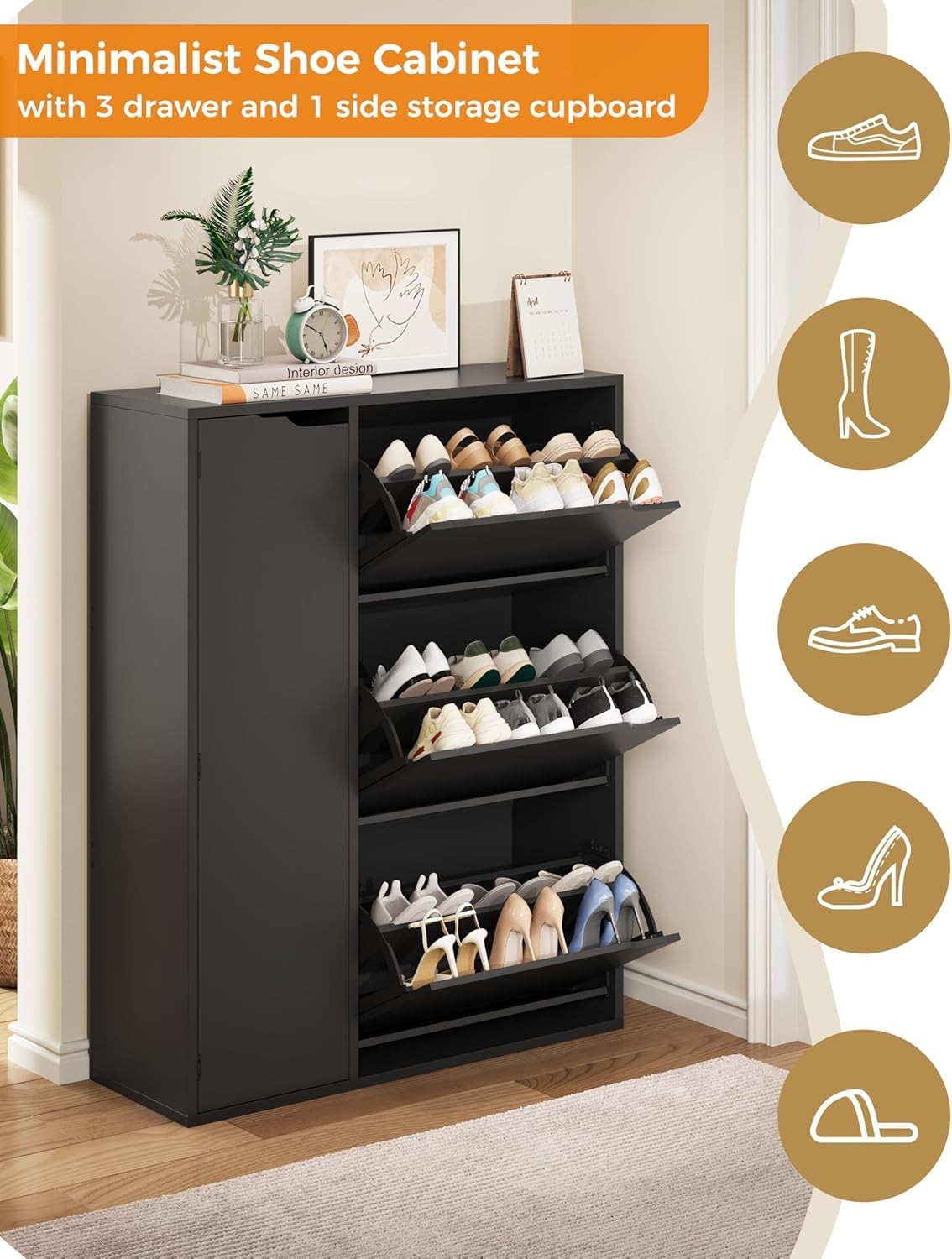 Modern 3-Door Flip Shoe Cabinet with Adjustable Shelves & Boot Storage